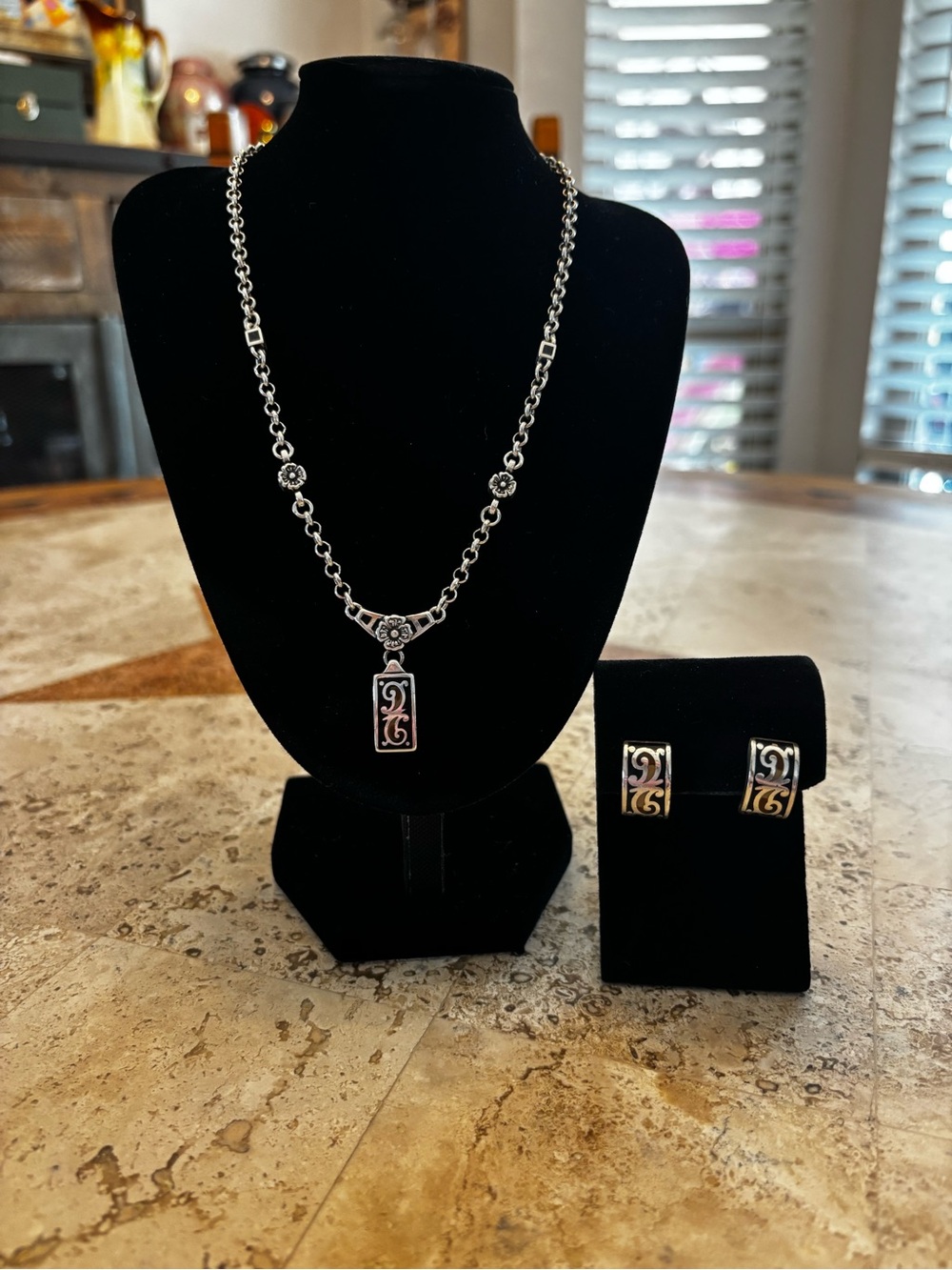 Retired Brighton Silver Floral Necklace & Hoop Earrings Set